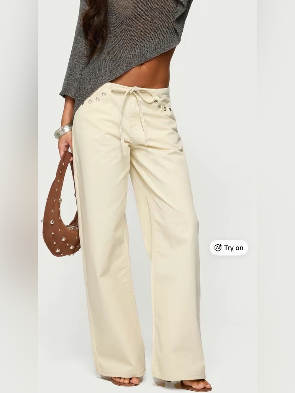 Edikted Beige - Grommet Tie Waist Low Rise Baggy Jeans